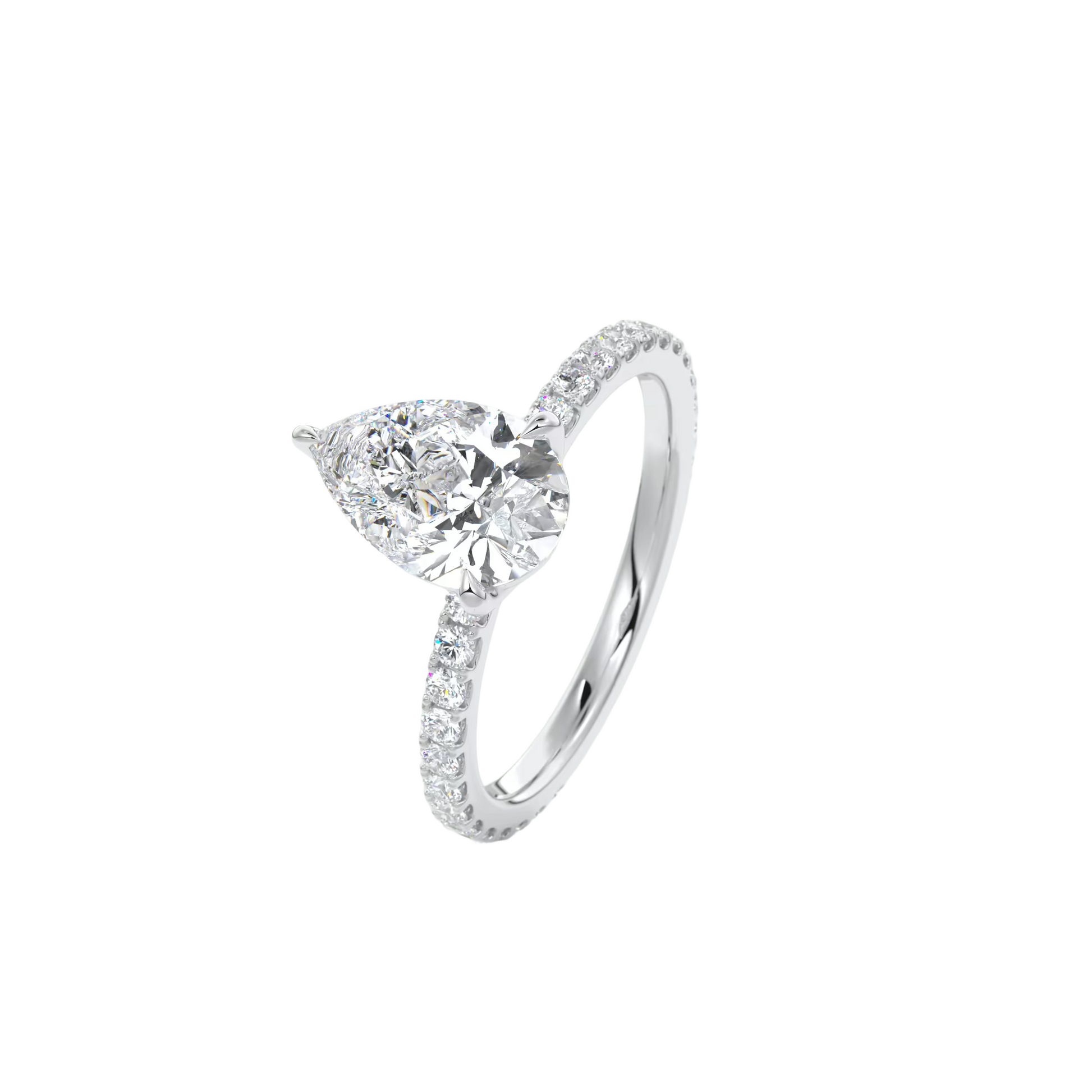 A diamond engagement ring with a large pear-shaped diamond set in a silver band.
