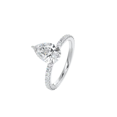 A diamond engagement ring with a large pear-shaped diamond set in a silver band.
