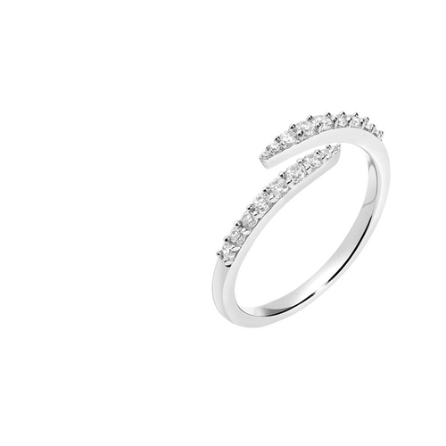 A silver ring with a curved band and a row of small diamonds along the band.