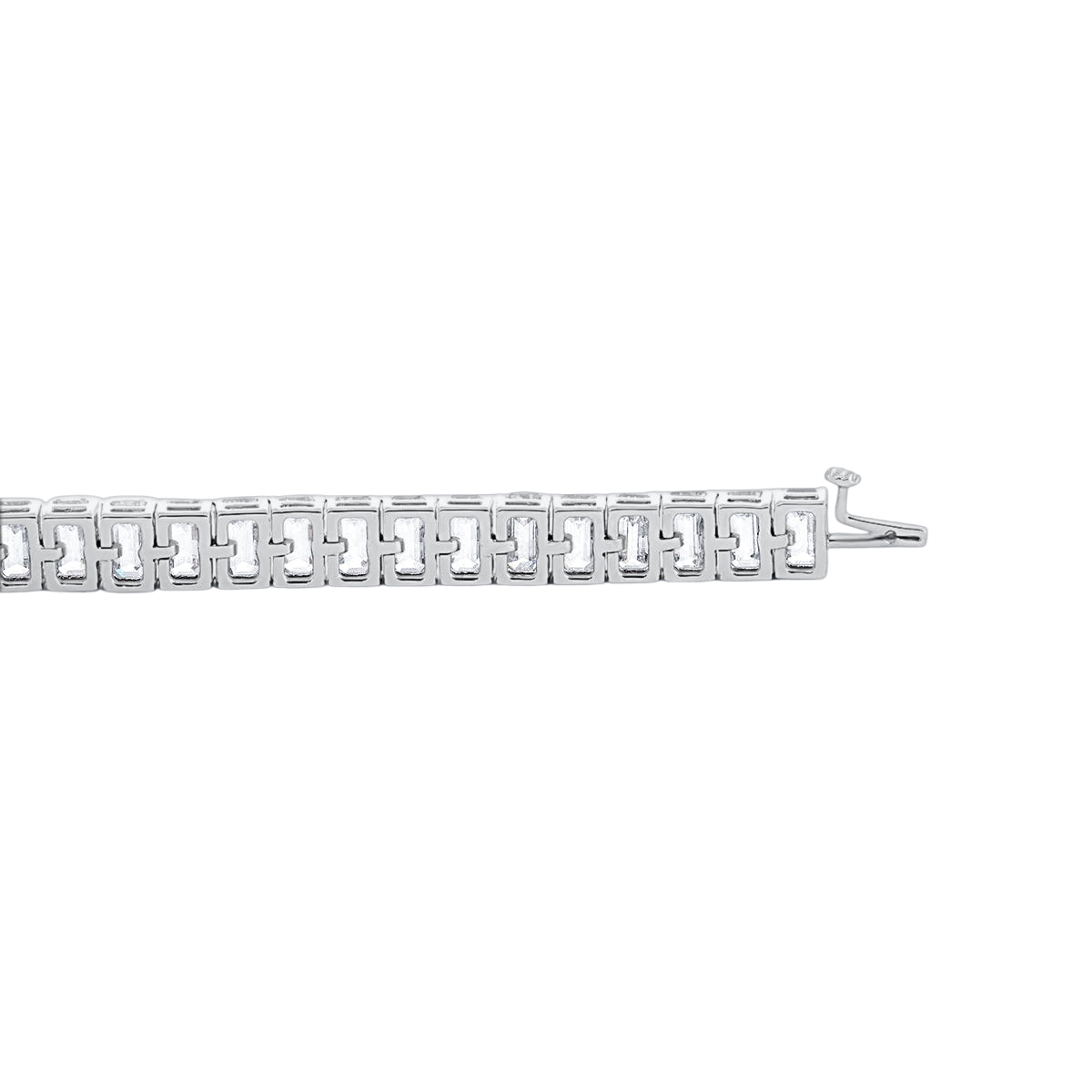 A silver bracelet with a repeating pattern of interlocking shapes.