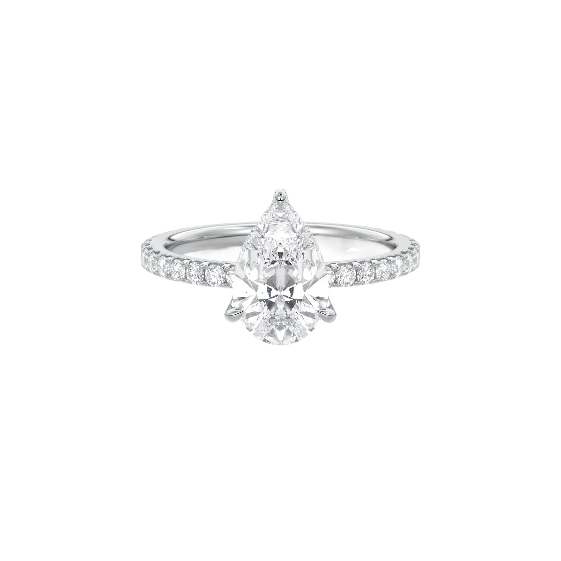 A diamond engagement ring with a large pear-shaped diamond set in a solitaire setting, surrounded by smaller diamonds on the band.