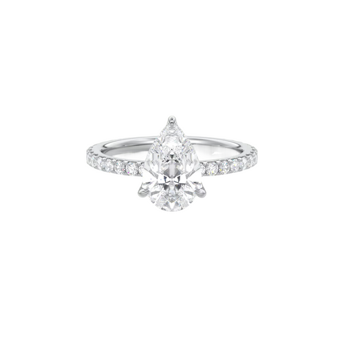 A diamond engagement ring with a large pear-shaped diamond set in a solitaire setting, surrounded by smaller diamonds on the band.