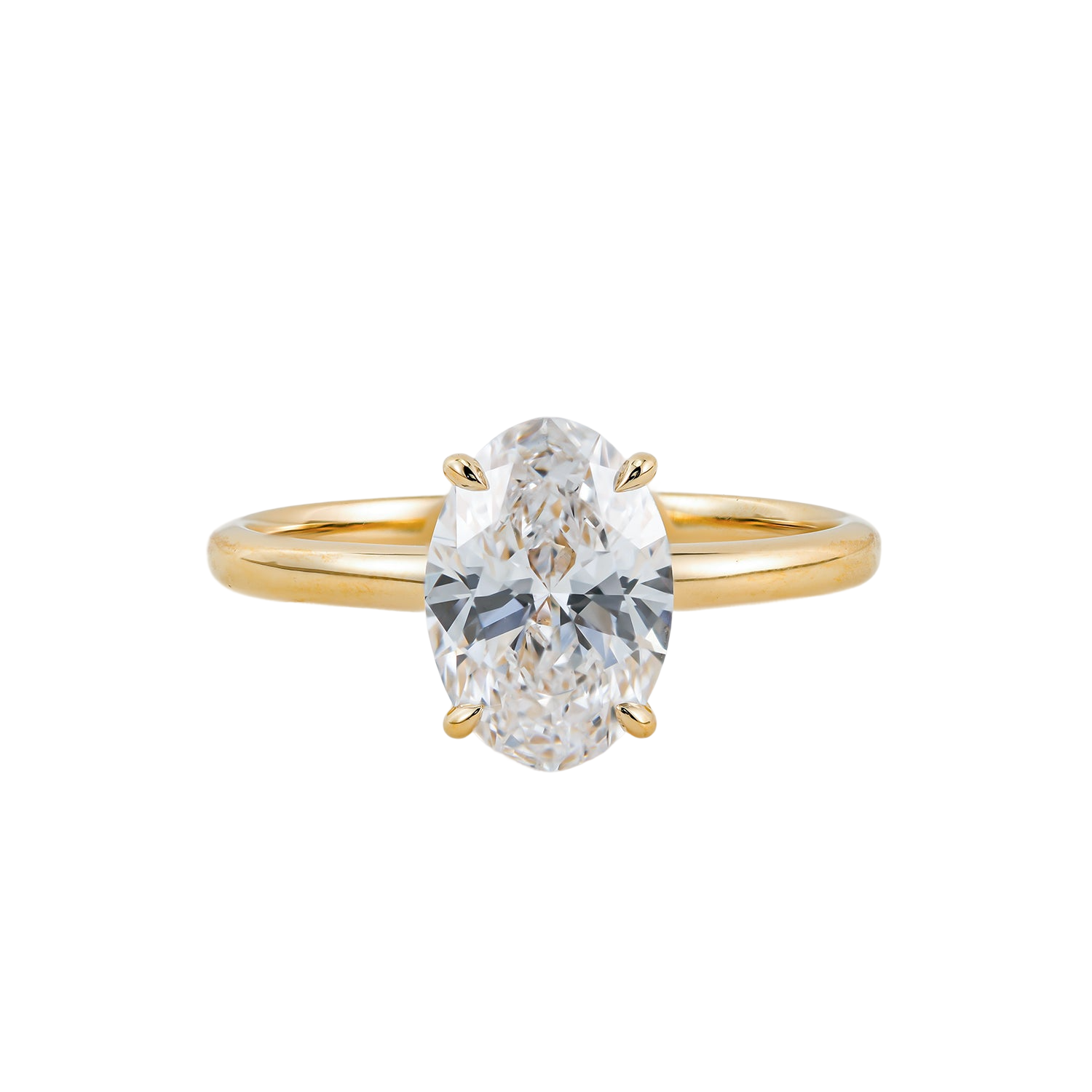 A gold ring with a large oval-shaped diamond set in the center.