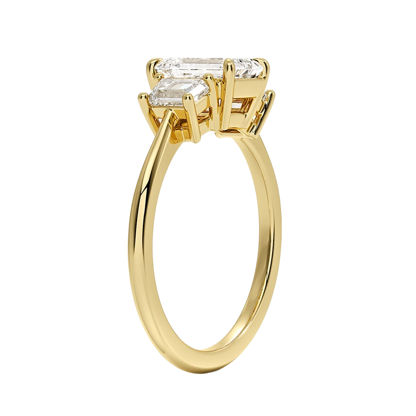 A gold engagement ring with a large central diamond surrounded by smaller diamonds.