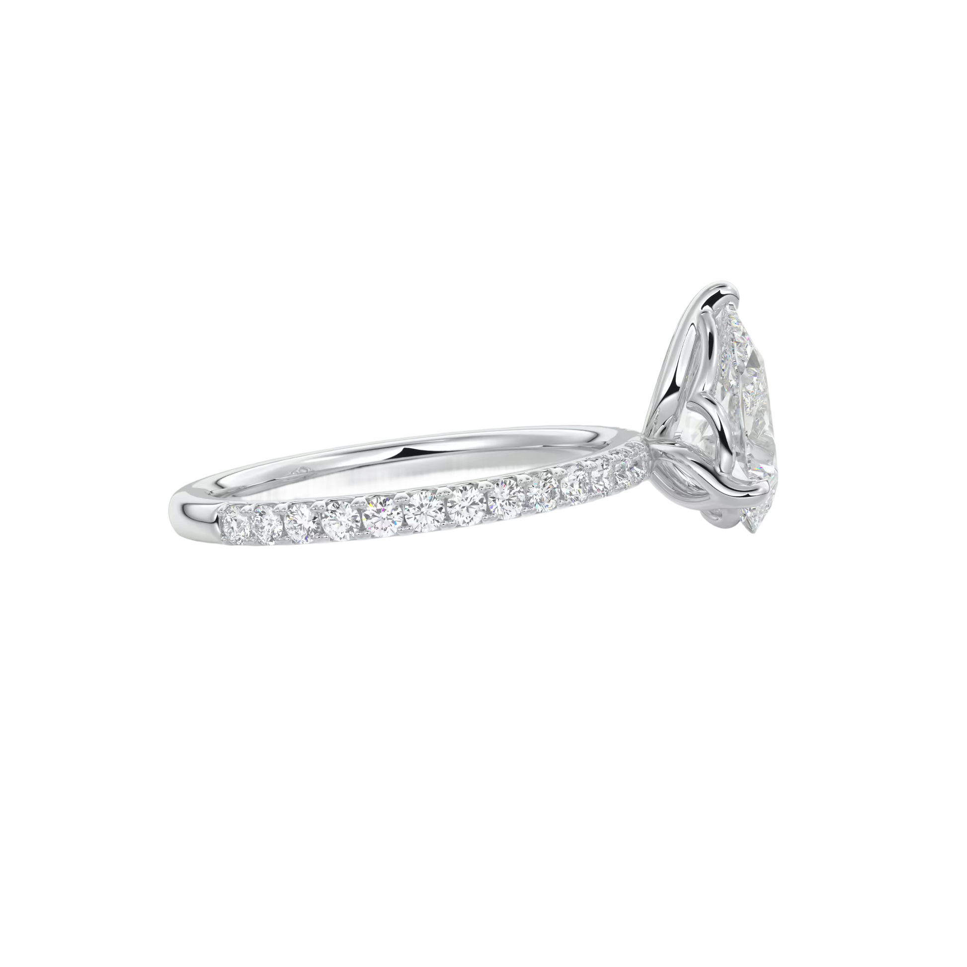 A close-up view of a diamond engagement ring with a large central diamond and a row of smaller diamonds on either side of the band.