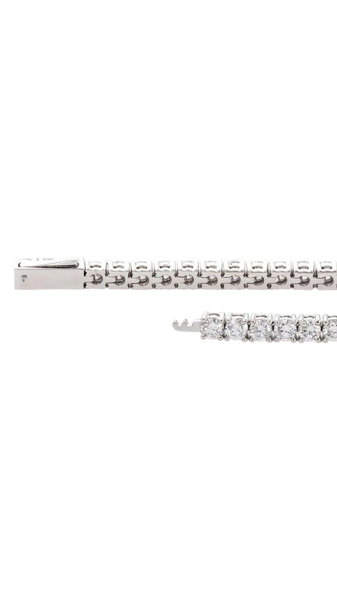 A close-up view of a silver bracelet with a row of small diamonds set in it.