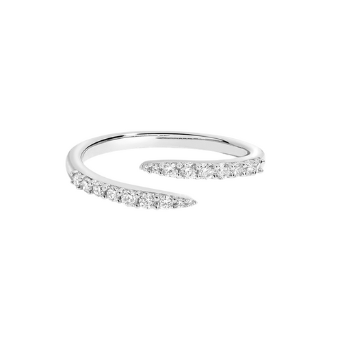 A silver ring with a curved band and a row of small diamonds along the band.