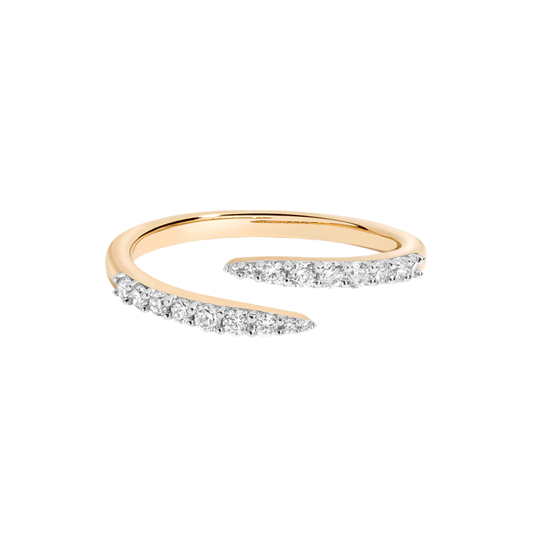 A gold ring with a curved band and a row of diamonds set in it.