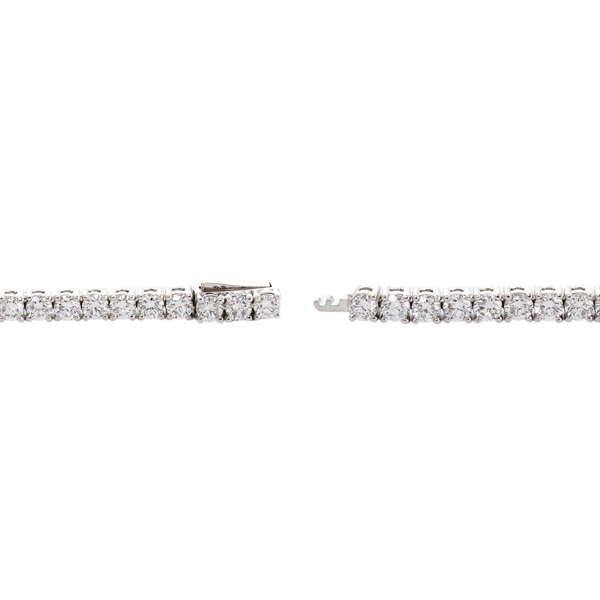 A close-up view of a diamond necklace with a row of sparkling diamonds.